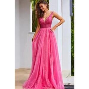 Pink Glitter Beaded Vneck Pleated Aline Ballgown maxi by JVN